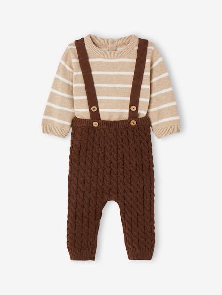 Babyset gestreepte trui en gebreide broek met bretels chocoladebruin - vertbaudet enfant 