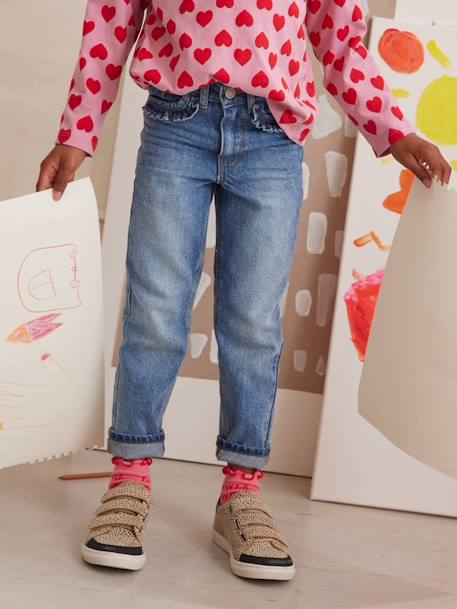 Mom jeans met hartjeszakken op de achterkant Meisje denimgrijs+ongewassen denim+stone - vertbaudet enfant 