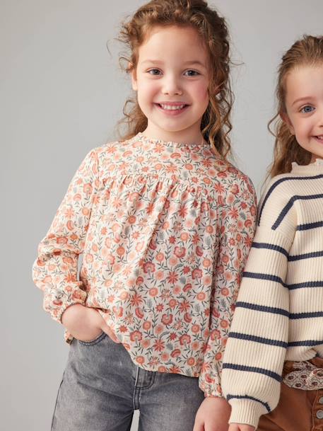 Blouse met bloemen meisje ecru+indigoblauw+roze (poederkleur)+saliegroen - vertbaudet enfant 