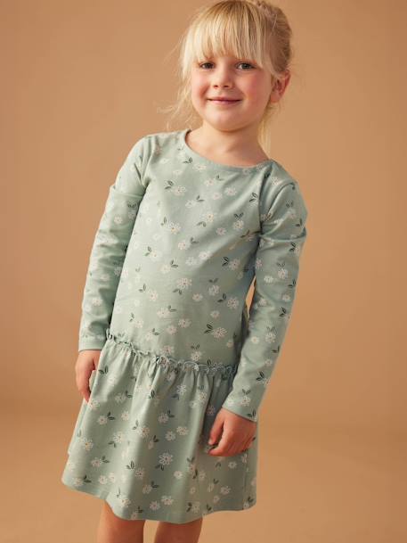 Meisjesjurk met print bruin, bedrukt+ecru+groengrijs+oudroze+roze (poederkleur)+roze met print - vertbaudet enfant 