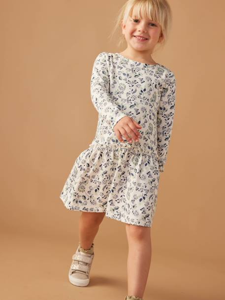 Meisjesjurk met print bruin, bedrukt+ecru+groengrijs+oudroze+roze (poederkleur)+roze met print - vertbaudet enfant 