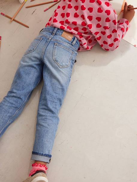 Mom jeans met hartjeszakken op de achterkant Meisje denimgrijs+ongewassen denim+stone - vertbaudet enfant 