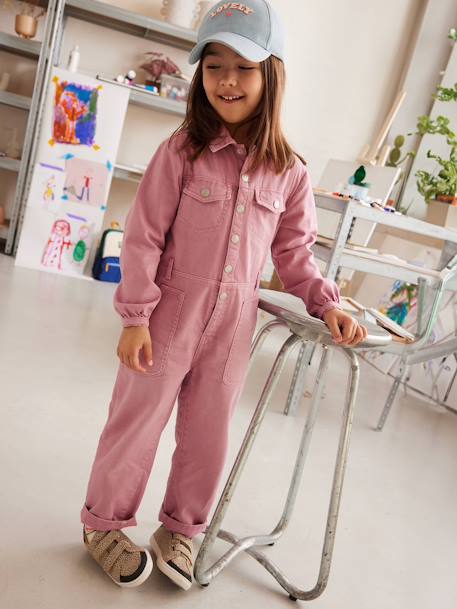 Lange meisjesjumpsuit in garment-dyed stof oudroze - vertbaudet enfant 