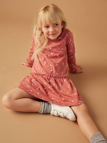 Meisjesjurk met print bruin, bedrukt+ecru+groengrijs+oudroze+roze (poederkleur)+roze met print - vertbaudet enfant 