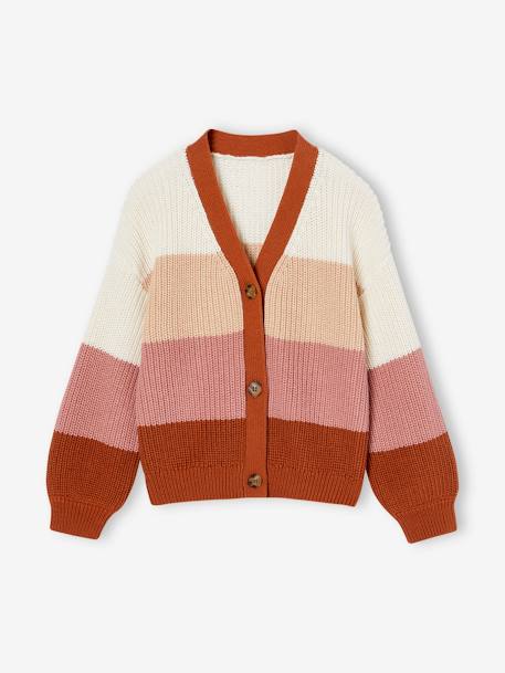 Meisjesvestje van kabeltricot donkerpaars+oudroze+pistache+roze, gestreept - vertbaudet enfant 