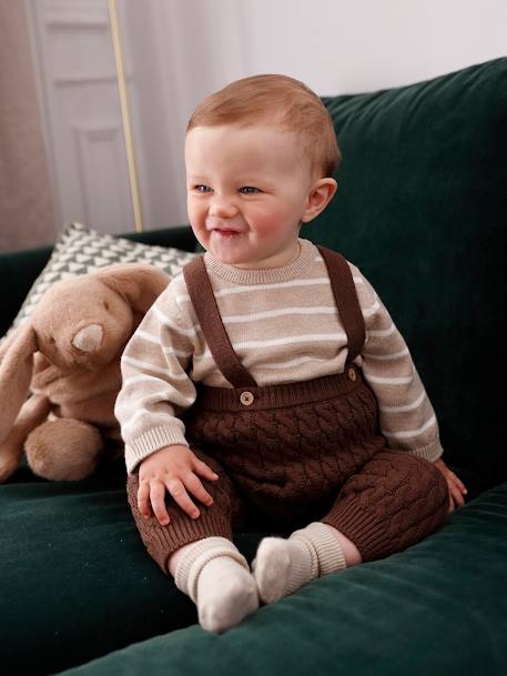 Babyset gestreepte trui en gebreide broek met bretels chocoladebruin - vertbaudet enfant 