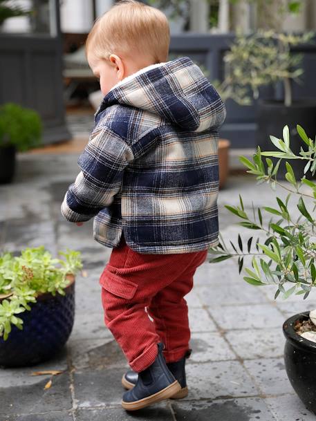 Mantel met capuchon van wol met ruitjes en sherpa voering voor meisjes marineblauw - vertbaudet enfant 