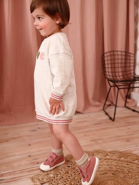 Jurk van fleece met siermotief baby gemêleerd beige+roze (poederkleur) - vertbaudet enfant 