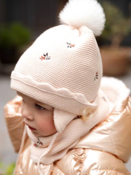 Set van babymeisjes muts + snood + wanten beige (poederkleur) - vertbaudet enfant 