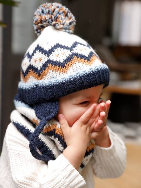 Set babymeisje muts met oortjes + snood + wanten in jacquard marineblauw - vertbaudet enfant 