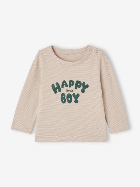 Zacht babyshirt met fijne strepen en drukknoopsluiting op de schouder cappuccino+grijsblauw - vertbaudet enfant 