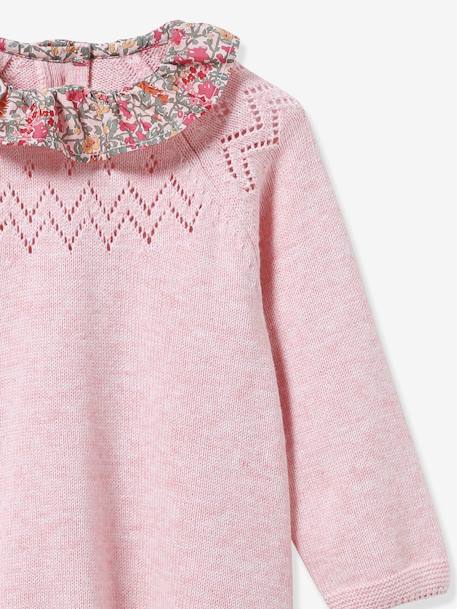 Tricot jurk met kraag van Liberty®-stof baby CYRILLUS blauw+gemêleerd roze - vertbaudet enfant 