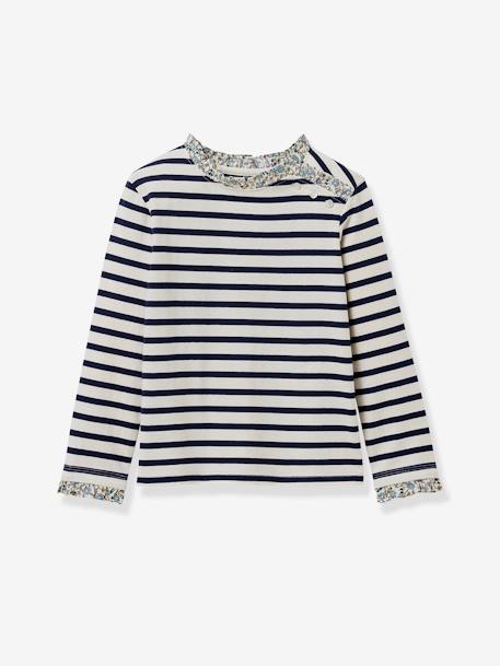 Gestreept meisjesshirt in Liberty-stof - biokatoen - CYRILLUS groen+marineblauw - vertbaudet enfant 