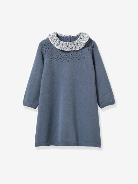 Tricot jurk met kraag van Liberty®-stof baby CYRILLUS blauw - vertbaudet enfant 