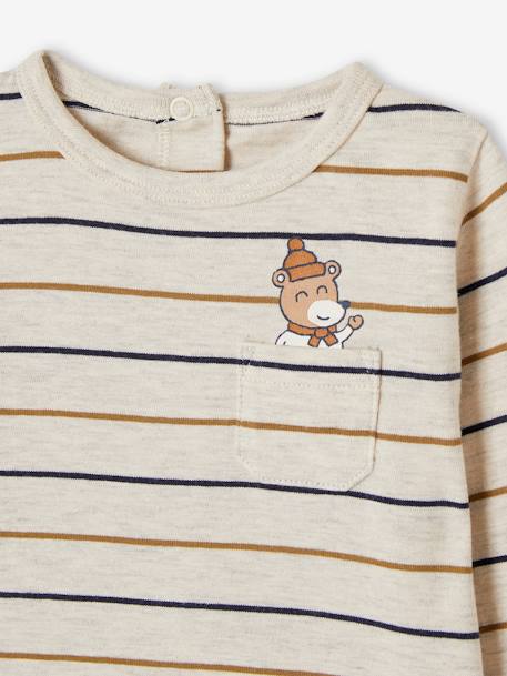 Gestreept babyshirt met berenprint op het zakje en lange mouwen gemêleerd beige - vertbaudet enfant 