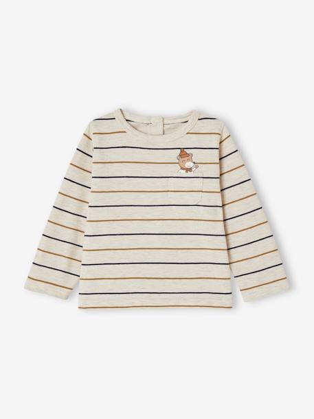 Gestreept babyshirt met berenprint op het zakje en lange mouwen gemêleerd beige - vertbaudet enfant 