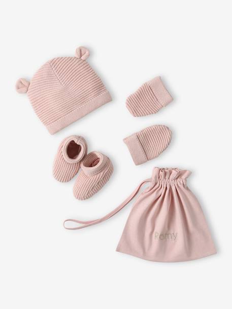 Set babymutsjes, wanten en laarsjes en bijpassend zakje Oeko-Tex® ecru+grijsblauw+jeansblauw+roze (poederkleur) - vertbaudet enfant 