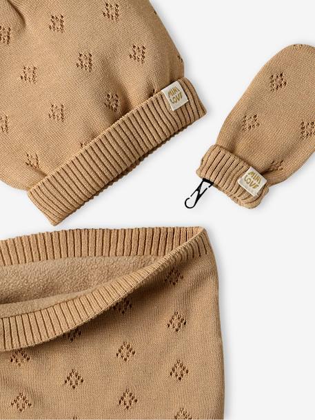 Set met muts met oortjes + snood + wanten in opengewerkt breiwerk voor babymeisjes gemêleerd beige - vertbaudet enfant 