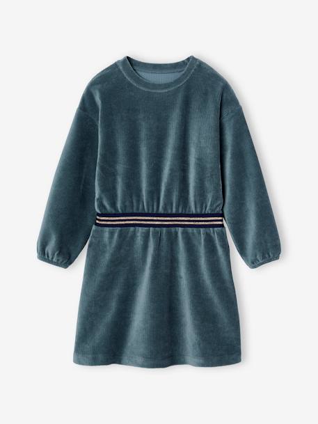 Fluwelen meisjesjurk met iriserende strepen en riem groenblauw+rozenhout - vertbaudet enfant 