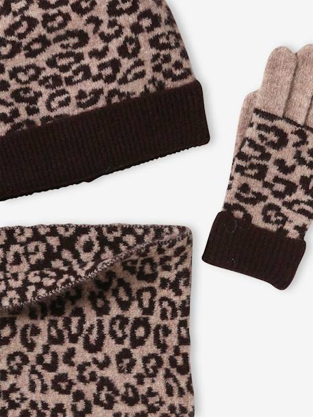 Luipaardset muts + snood + handschoenen meisje bruin, bedrukt - vertbaudet enfant 