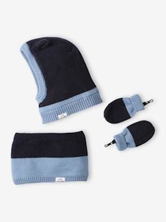 Baby-Babyset-Set jongensbaby bivakmuts + snood + wanten tweekleurig