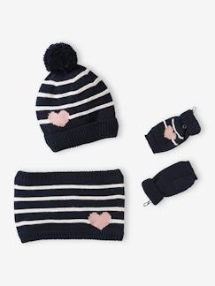 -Meisjesmuts + snood + wanten/handschoenen met strepen/hartje