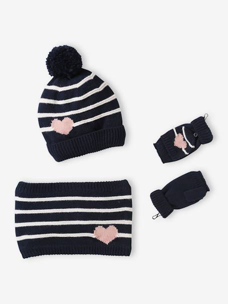 Meisjesmuts + snood + wanten/handschoenen met strepen/hartje ecru+marineblauw - vertbaudet enfant 