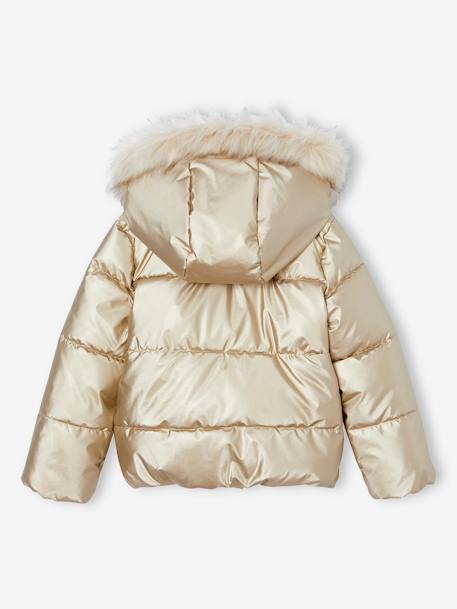 Donsjack met capuchon voor meisjes met fleece voering antraciet+goud - vertbaudet enfant 