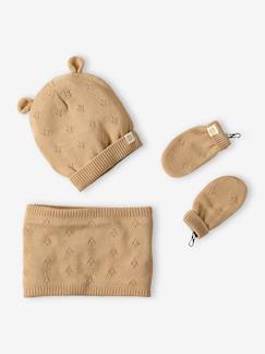 Baby-Accessoires-Muts sjaal handschoenen-Set met muts met oortjes + snood + wanten in opengewerkt breiwerk voor babymeisjes