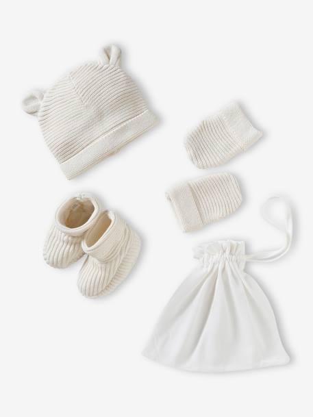 Set babymutsjes, wanten en laarsjes en bijpassend zakje Oeko-Tex® ecru+jeansblauw+roze (poederkleur) - vertbaudet enfant 