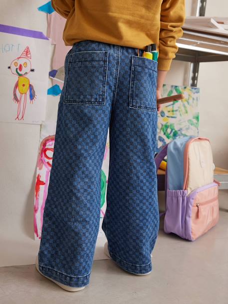 Wijde jeans in paperbagstijl met bloemmotieven voor meisjes donkerblauw+stone - vertbaudet enfant 