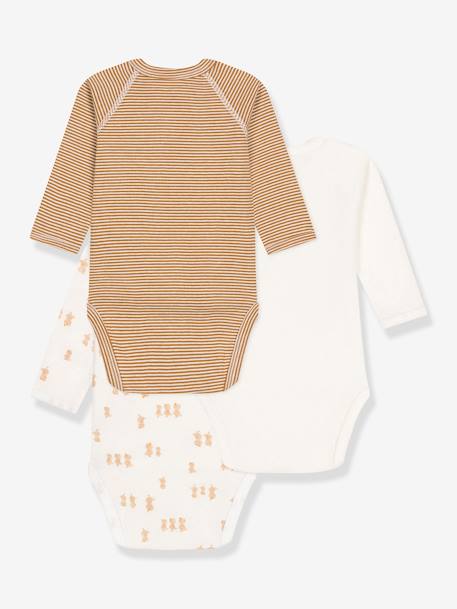 Set van 3 babyrompertjes met lange mouwen in biokatoen PETIT BATEAU bruin, gestreept - vertbaudet enfant 