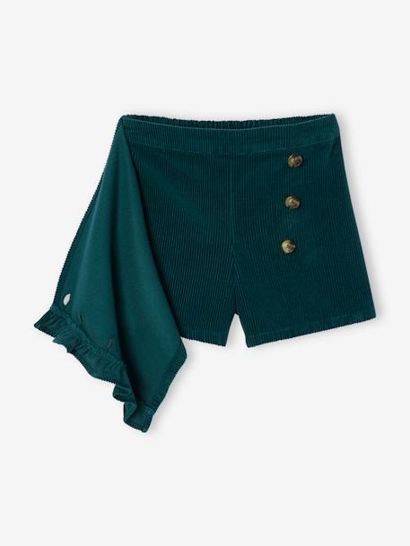 Short-rokje van ribfluweel met wikkeleffect Engels groen+groenblauw+rozen - vertbaudet enfant 