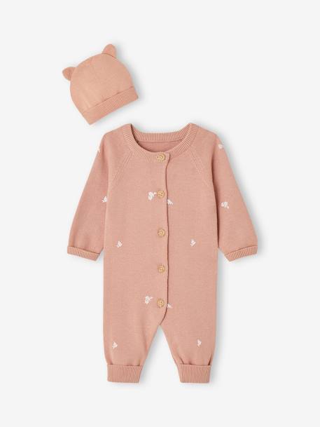 Babyset met tricot overal + bijpassende muts met oortjes rozen - vertbaudet enfant 