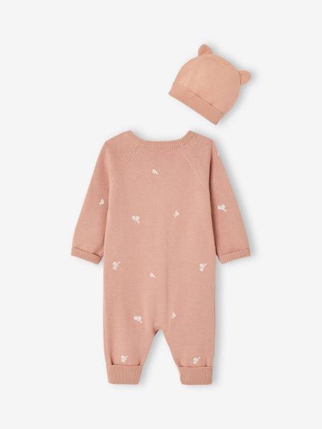 Babyset met tricot overal + bijpassende muts met oortjes rozen - vertbaudet enfant 