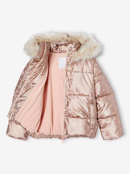 Donsjack met capuchon voor meisjes met fleece voering antraciet+goud+roze, bedrukt - vertbaudet enfant 