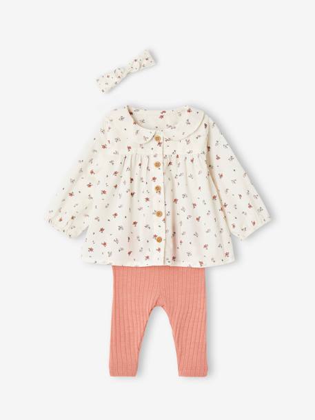 3-delige babyset blouse, legging en haarband rozen - vertbaudet enfant 