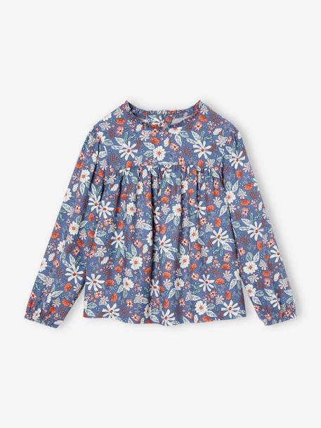 Blouse met bloemen meisje ecru+indigoblauw+roze (poederkleur)+saliegroen - vertbaudet enfant 