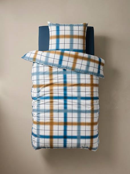 Kinderdekbedovertrek + kussensloop in RETRO WINTER flanel, met gerecycled katoen marineblauw, gestreept - vertbaudet enfant 