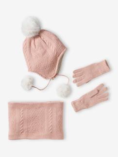 Meisje-Gebreide set met muts + snood + handschoenen