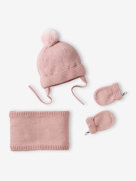 Set van babymeisjes muts + snood + wanten roze (poederkleur) - vertbaudet enfant 