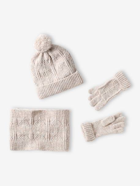 Set van muts + snood + wanten in kabelbreiwerk ecru+grijsblauw+ROZE - vertbaudet enfant 