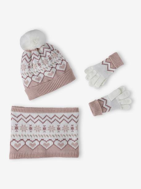 Kerstdoos jacquard voor meisjes set met muts + snood + handschoenen roze (poederkleur) - vertbaudet enfant 