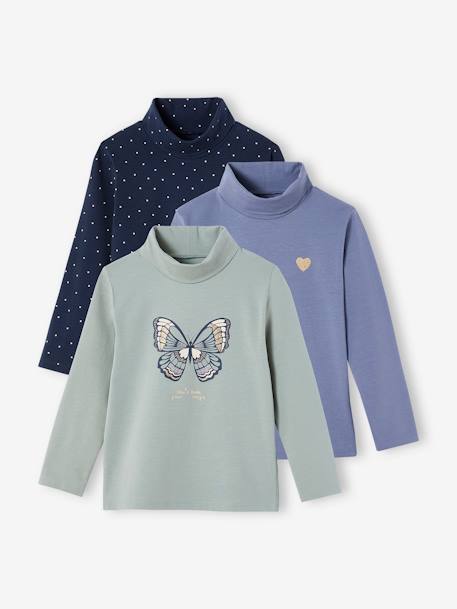 Set van 3  t-shirts met rolkraag voor meisjes antraciet+beige (poederkleur)+groengrijs+poederroze set - vertbaudet enfant 