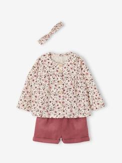 3-delige set voor baby meisje met T-shirt, fluwelen short en haarband  - vertbaudet enfant