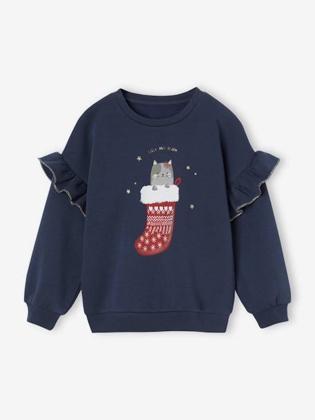 Sweater met ruches en kattenmotief meisjes marineblauw - vertbaudet enfant 