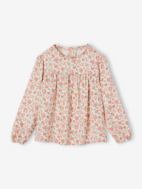 Blouse met bloemen meisje ecru+indigoblauw+roze (poederkleur)+saliegroen - vertbaudet enfant 