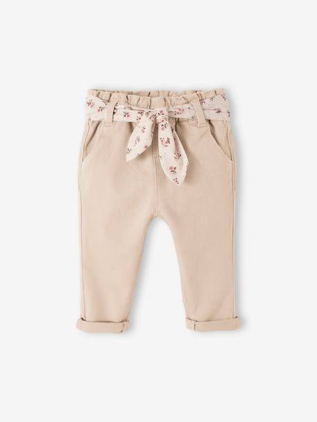 Babybroek met stoffen riem beige+groengrijs+oudroze - vertbaudet enfant 