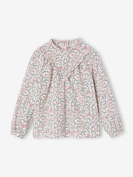 Blouse met hoge kraag met bloemenprint meisjes ecru+marineblauw - vertbaudet enfant 