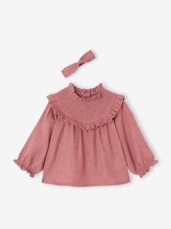 Baby-Overhemd, blouse-Babyblouse met smokwerk en bijpassende hoofdband